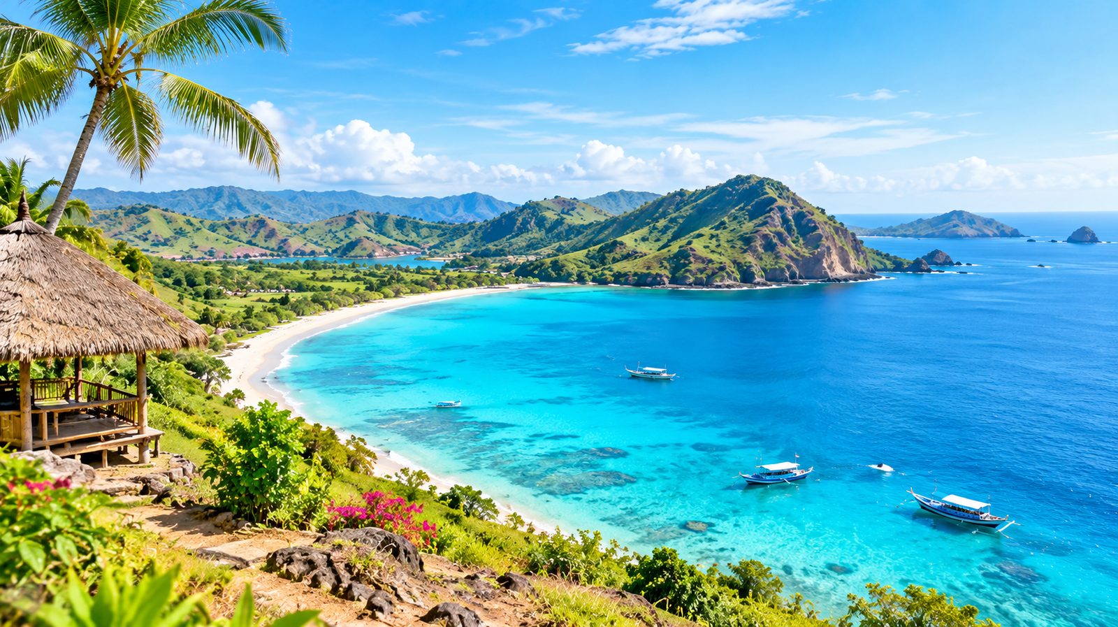 Turquoise bay with a white-sand beach, green headlands and boats anchored offshore on the Lombok coast near the Gili Islands